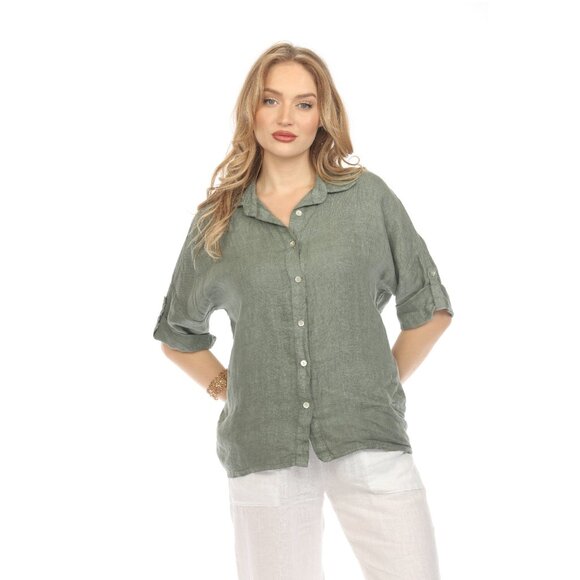 Olive Button Up Collared Shirt - Picture 1 of 9